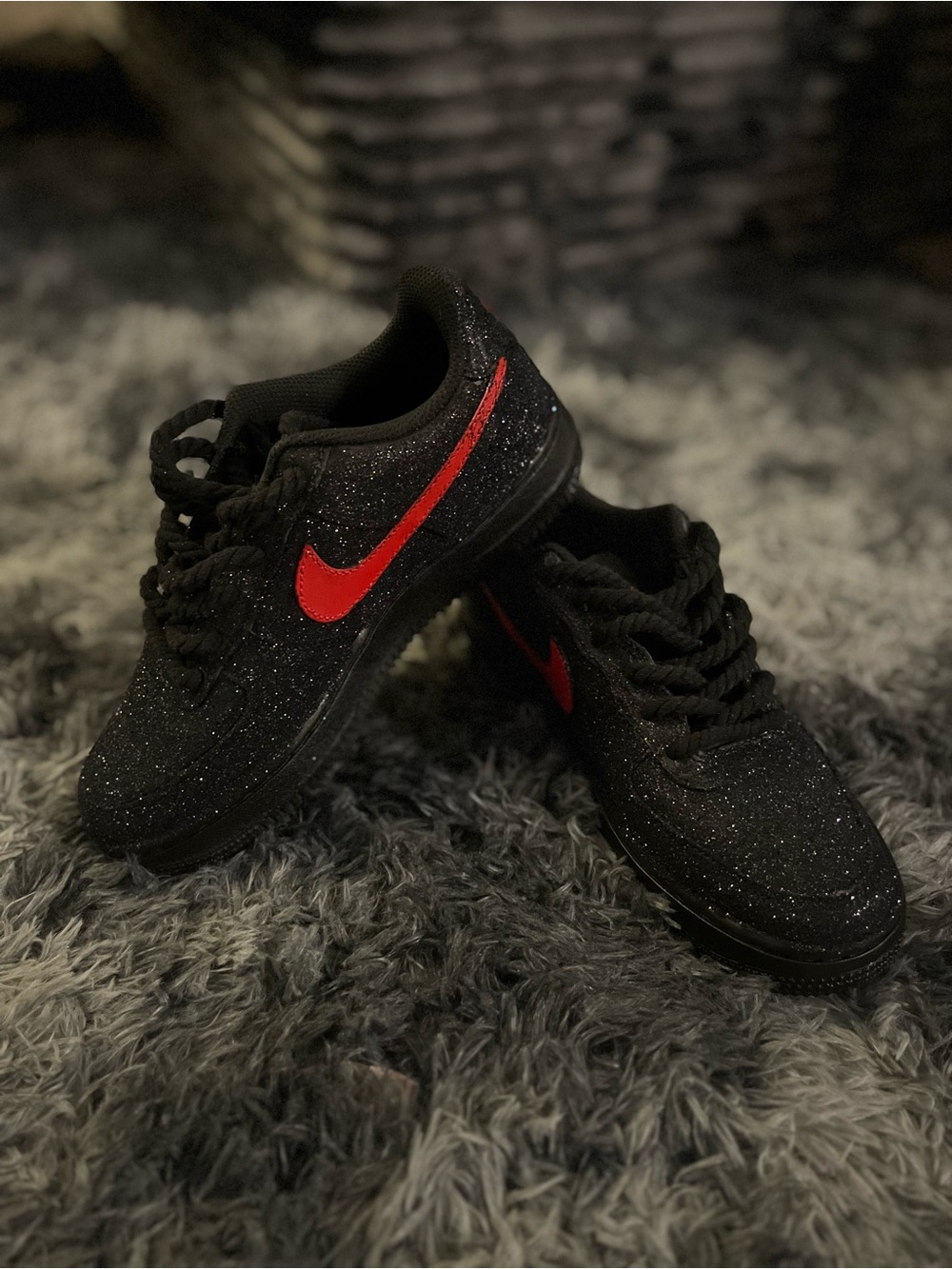 Nike Air Force 1 Custom made Black Glitter Sneakers with Red Swoosh